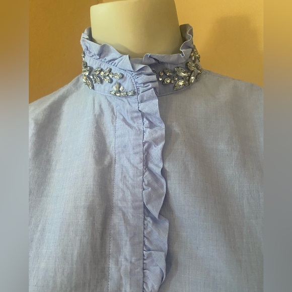 J. Crew Blue 3/4 Sleeve Ruffled Button Down Shirt - Picture 3 of 15